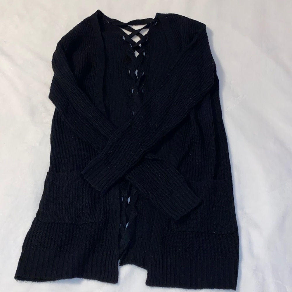 Braided Back Open Black Cardigan